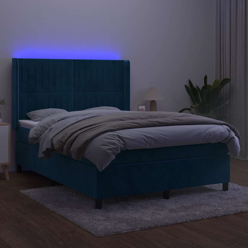 Krevet box spring s madracem LED tamnoplavi 140x200 cm baršun