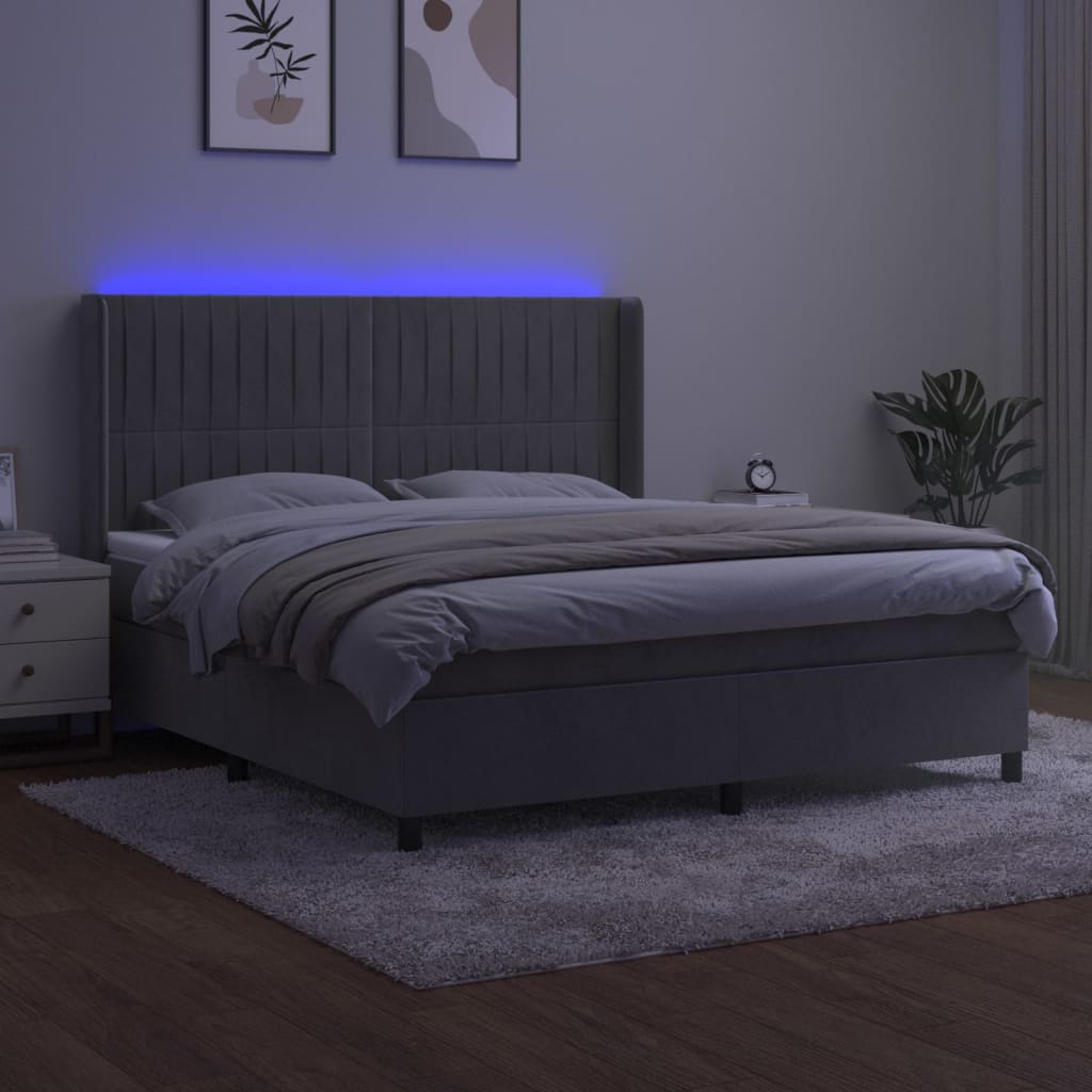 Krevet box spring s madracem LED svjetlosivi 160x200 cm baršun