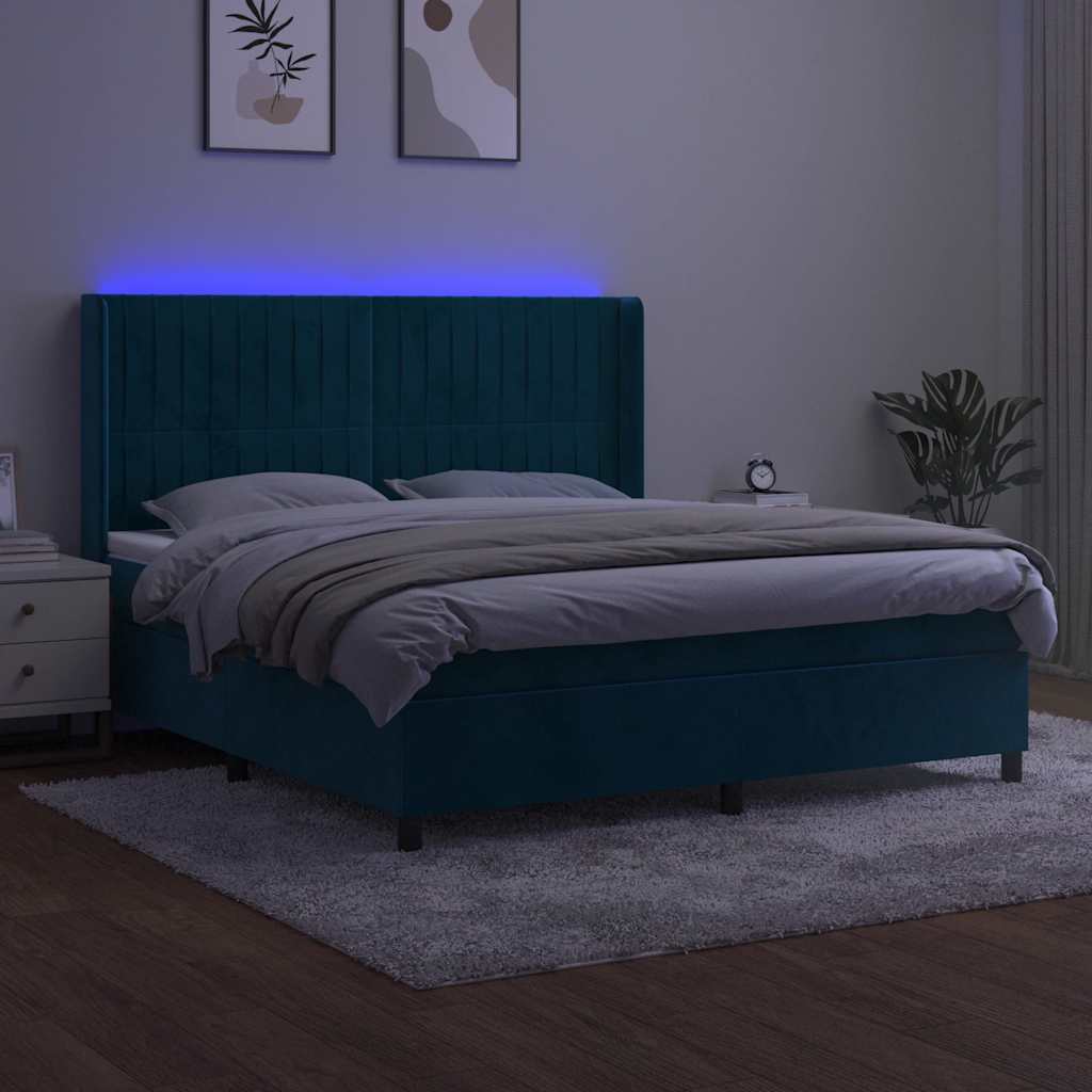 Krevet box spring s madracem LED tamnoplavi 160x200 cm baršun