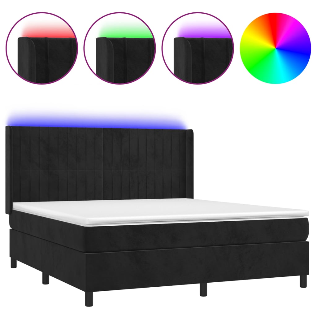 Krevet box spring s madracem LED crni 180x200 cm baršun