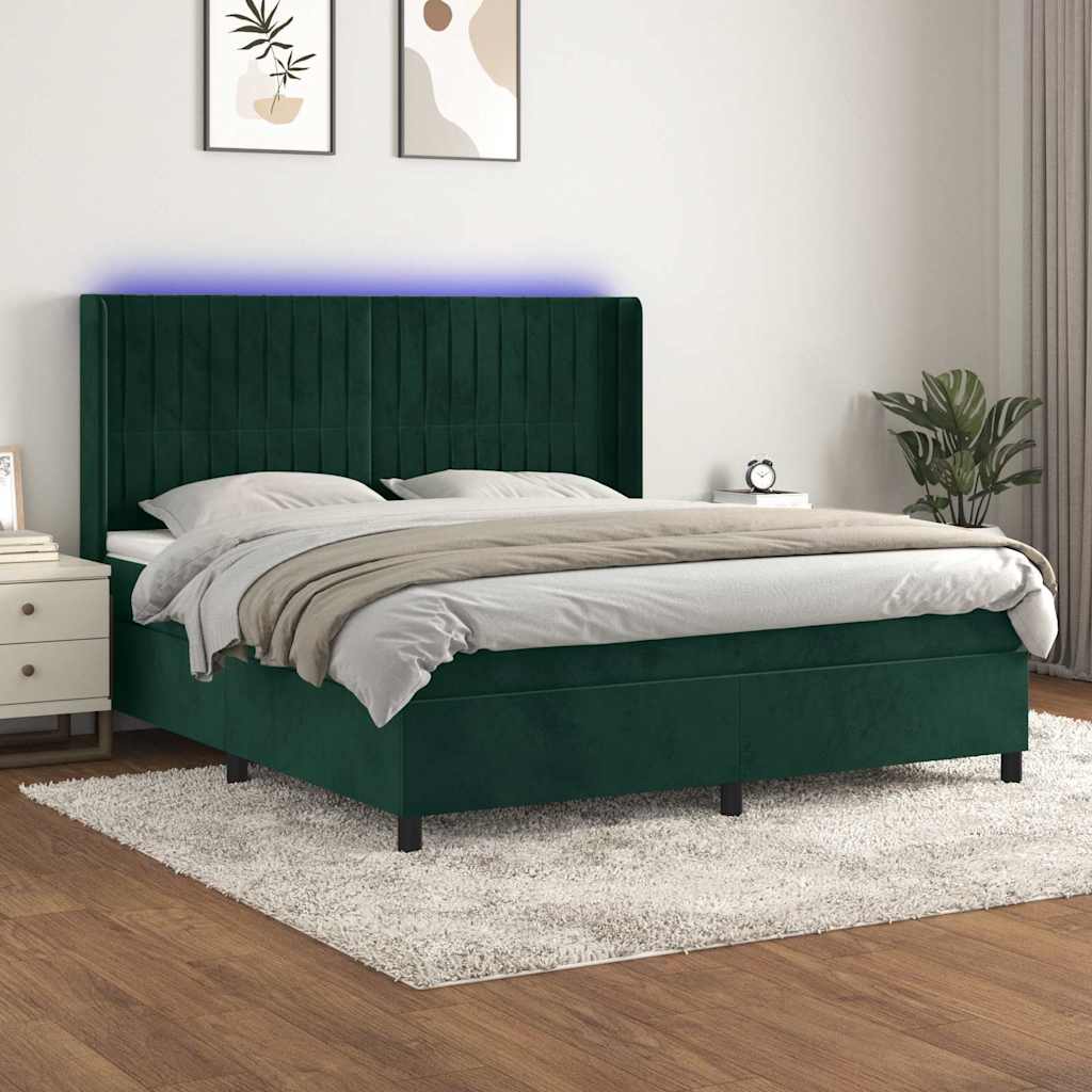 Krevet box spring s madracem LED tamnozeleni 180x200 cm baršun