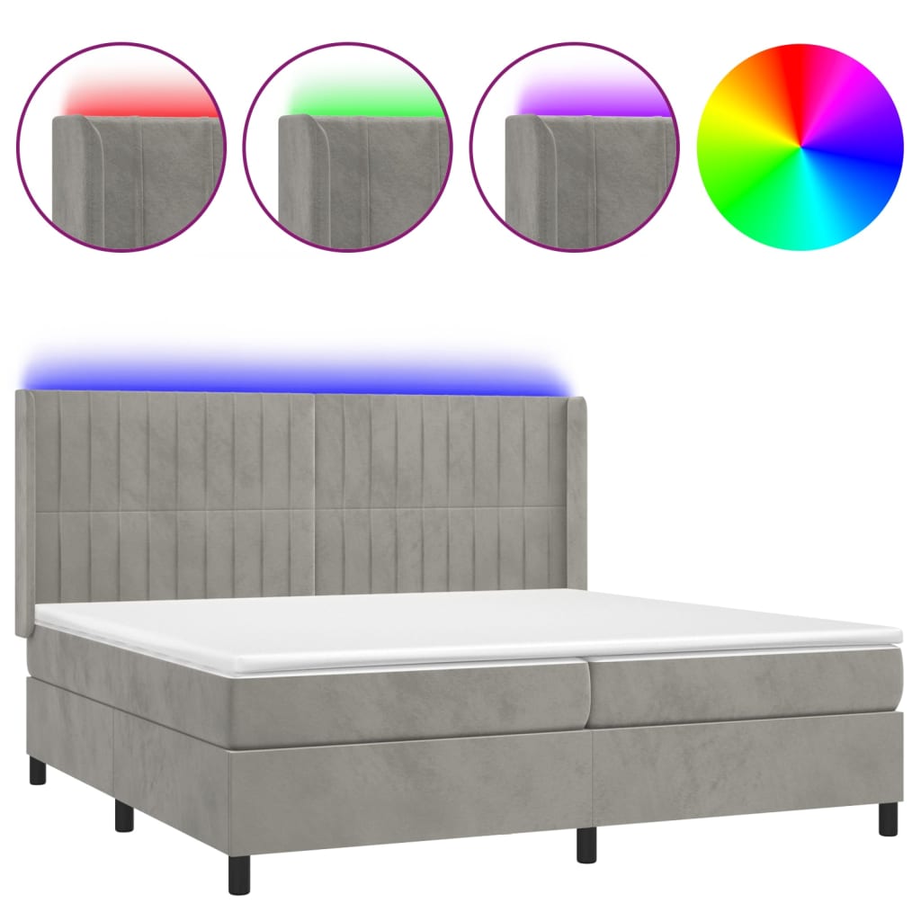 Krevet box spring s madracem LED svjetlosivi 200x200 cm baršun