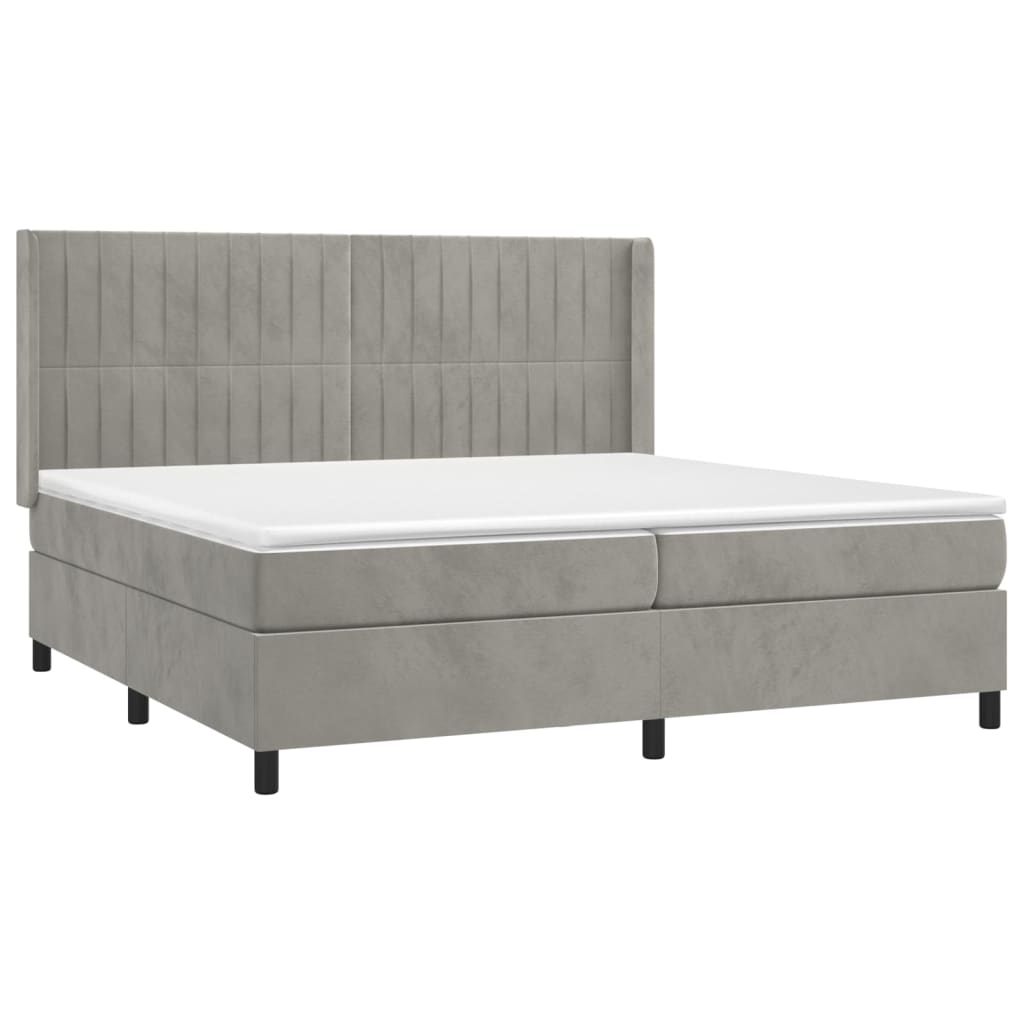 Krevet box spring s madracem LED svjetlosivi 200x200 cm baršun