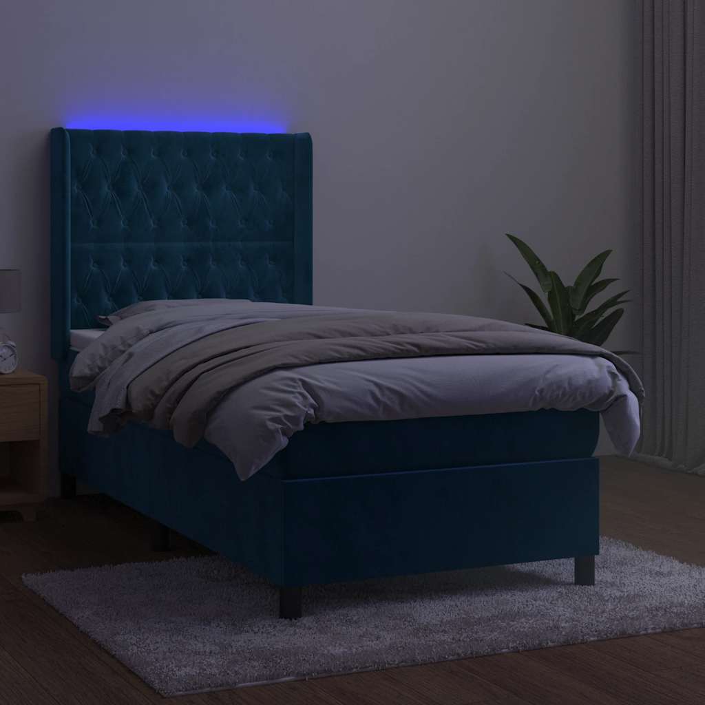 Krevet box spring s madracem LED tamnoplavi 80 x 200 cm baršun