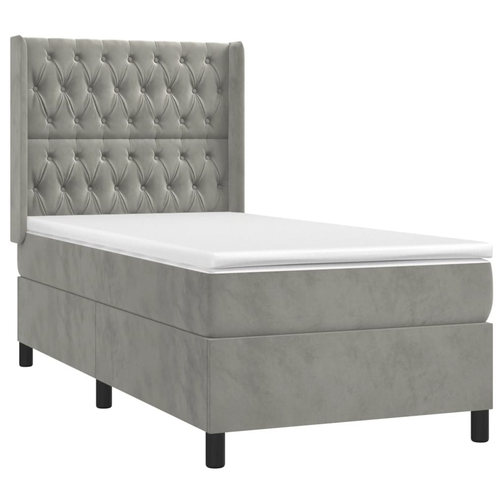 Krevet box spring s madracem LED svjetlosivi 90x190 cm baršun