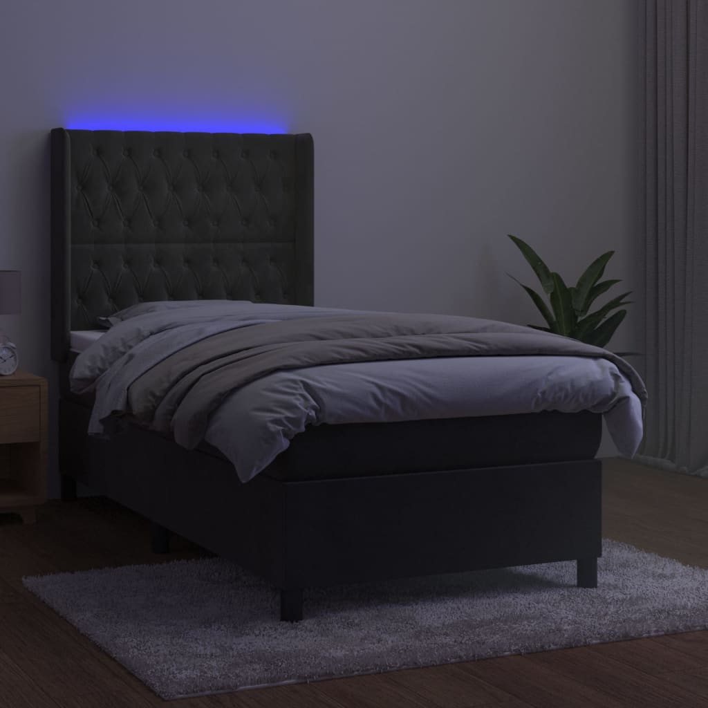 Krevet box spring s madracem LED tamnosivi 90x200 cm baršun