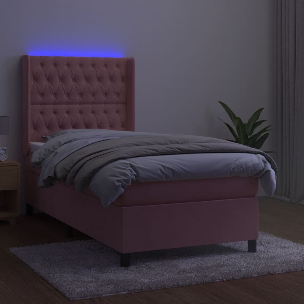 Krevet box spring s madracem LED ružičasti 90x200 cm baršunasti