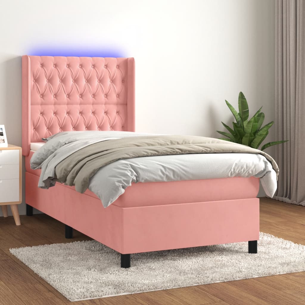 Krevet box spring s madracem LED ružičasti 90x200 cm baršunasti