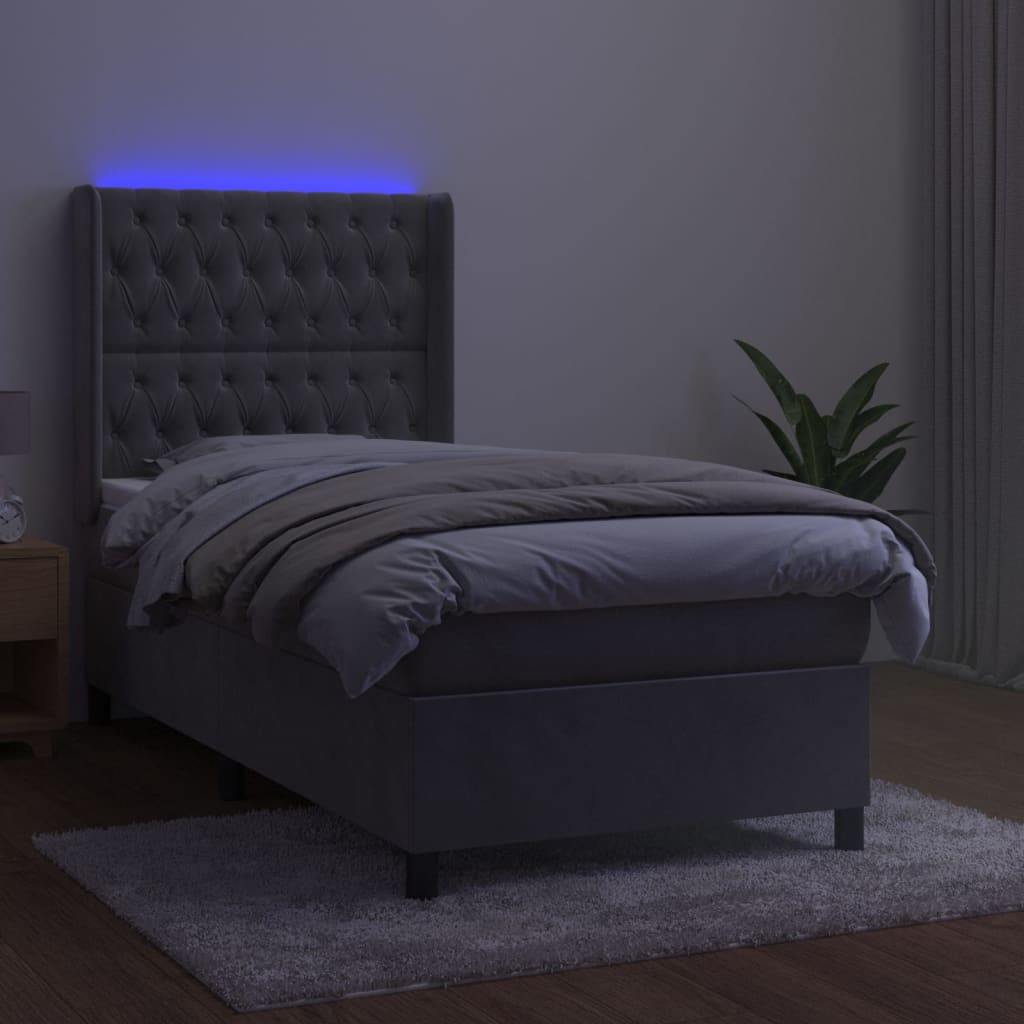 Krevet box spring s madracem LED svjetlosivi 100x200 cm baršun