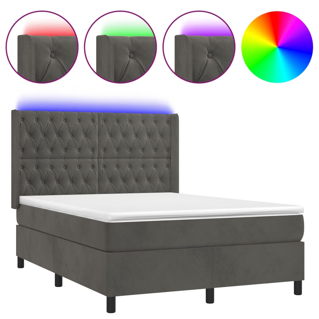 Krevet box spring s madracem LED tamnosivi 140x190 cm baršun
