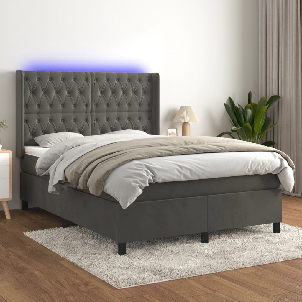 Krevet box spring s madracem LED tamnosivi 140x190 cm baršun