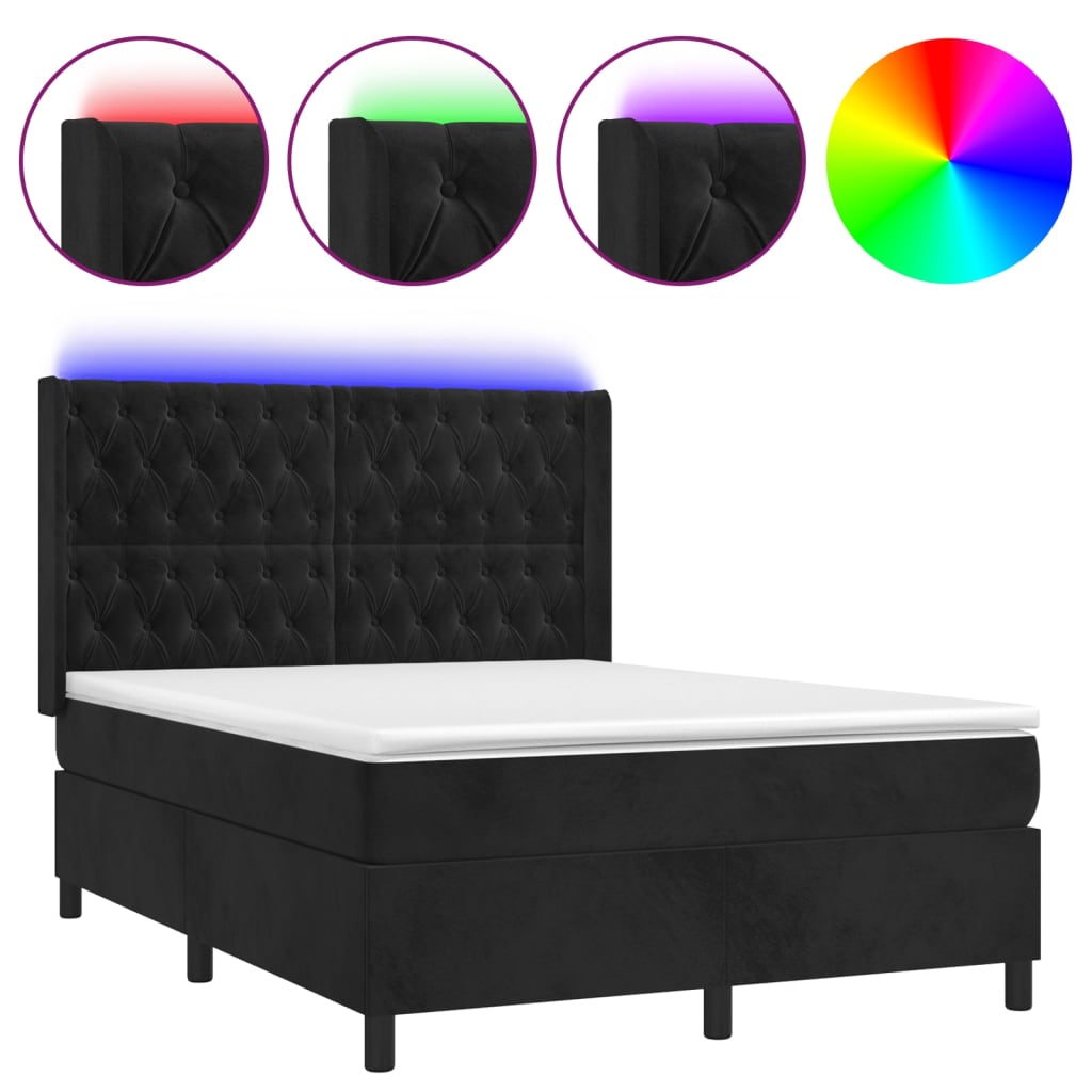 Krevet box spring s madracem LED crni 140x190 cm baršun