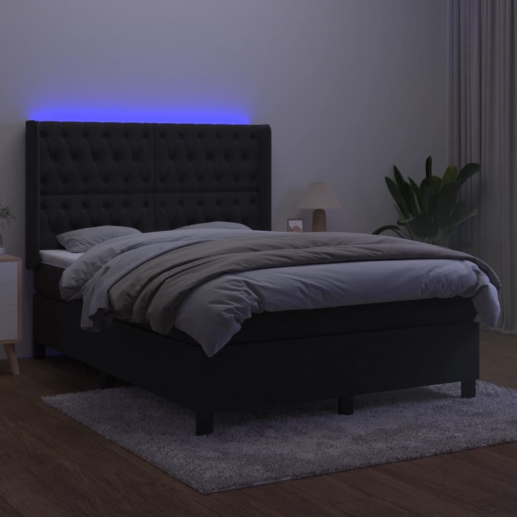 Krevet box spring s madracem LED crni 140x190 cm baršun