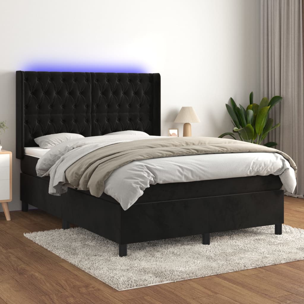 Krevet box spring s madracem LED crni 140x190 cm baršun