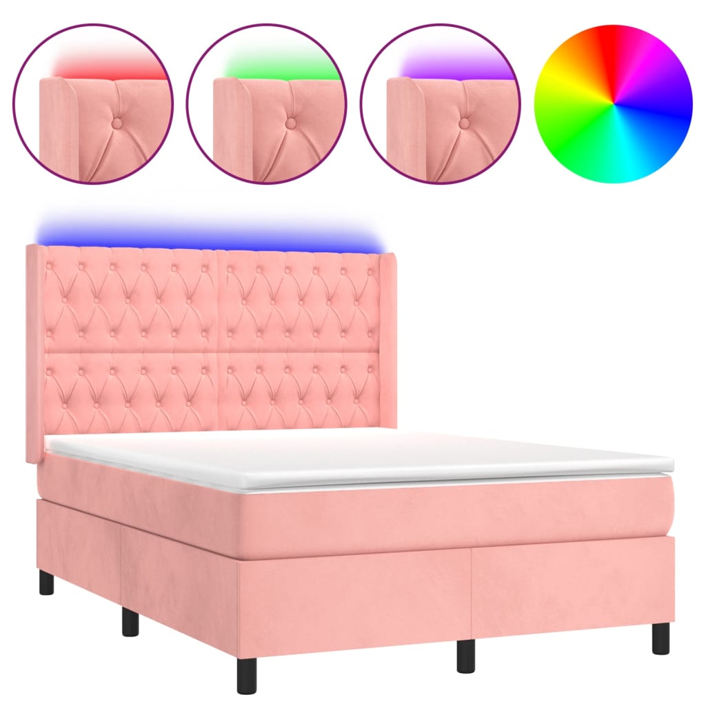 Krevet box spring s madracem LED ružičasti 140x190cm baršunasti