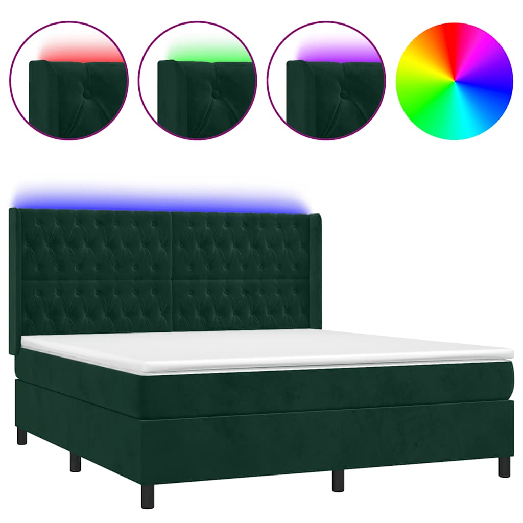 Krevet box spring s madracem LED tamnozeleni 160x200 cm baršun