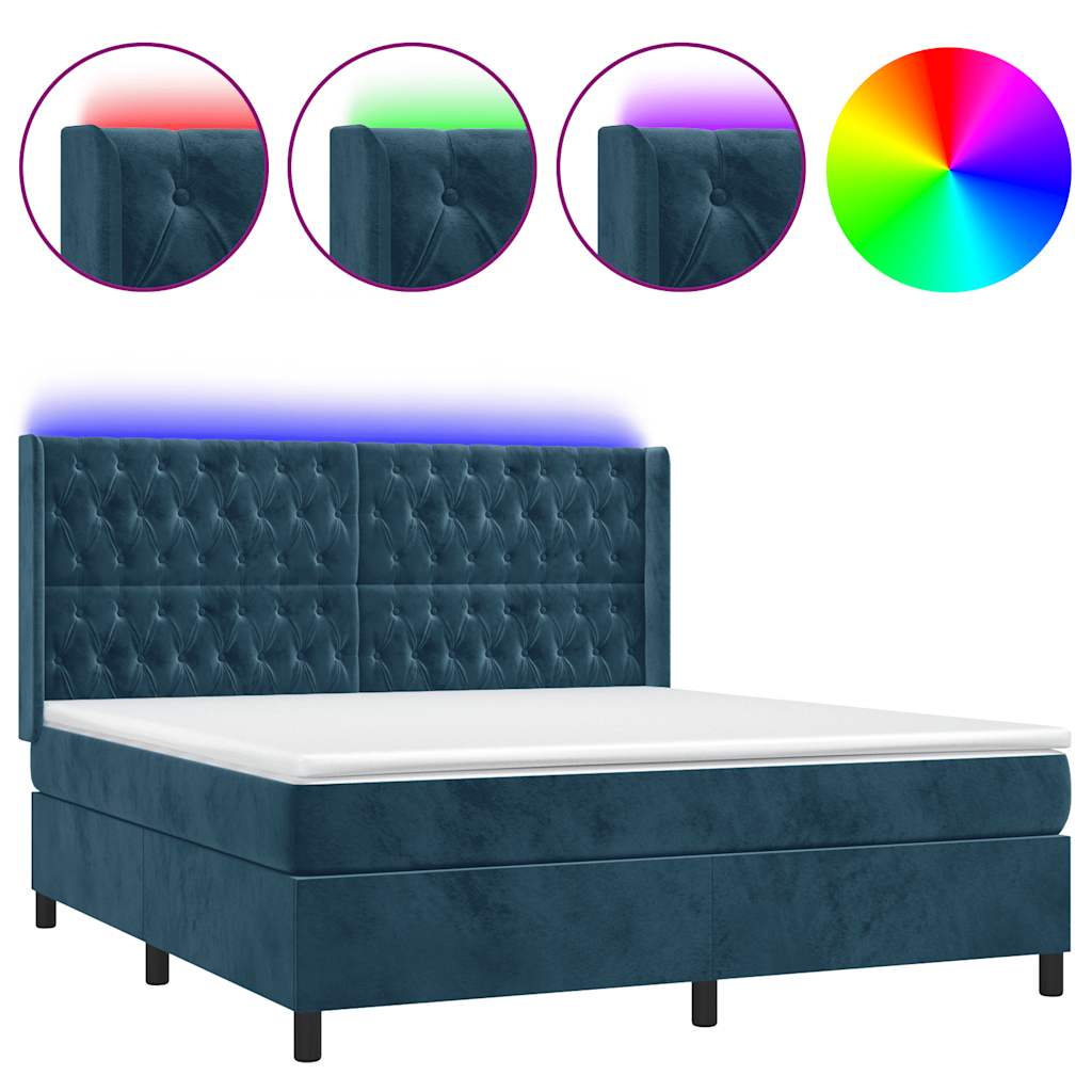 Krevet box spring s madracem LED tamnoplavi 160x200 cm baršun