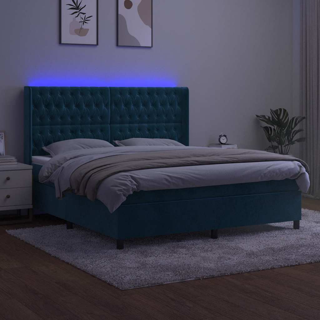 Krevet box spring s madracem LED tamnoplavi 160x200 cm baršun
