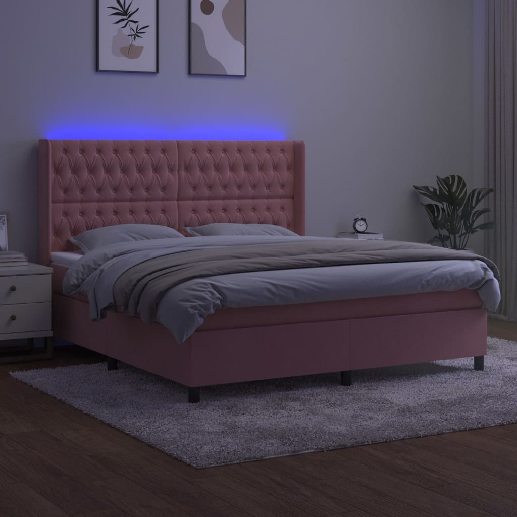 Krevet box spring s madracem LED ružičasti 160x200cm baršunasti