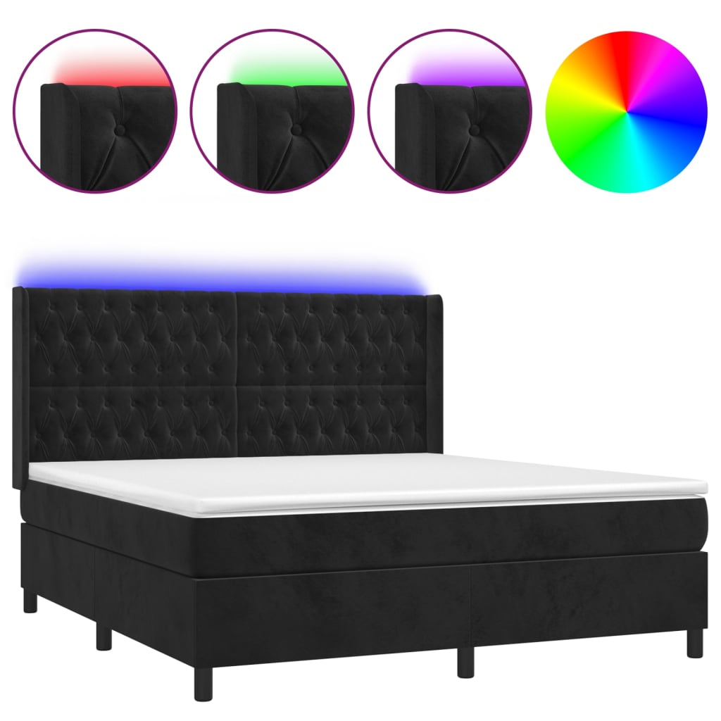 Krevet box spring s madracem LED crni 180x200 cm baršun