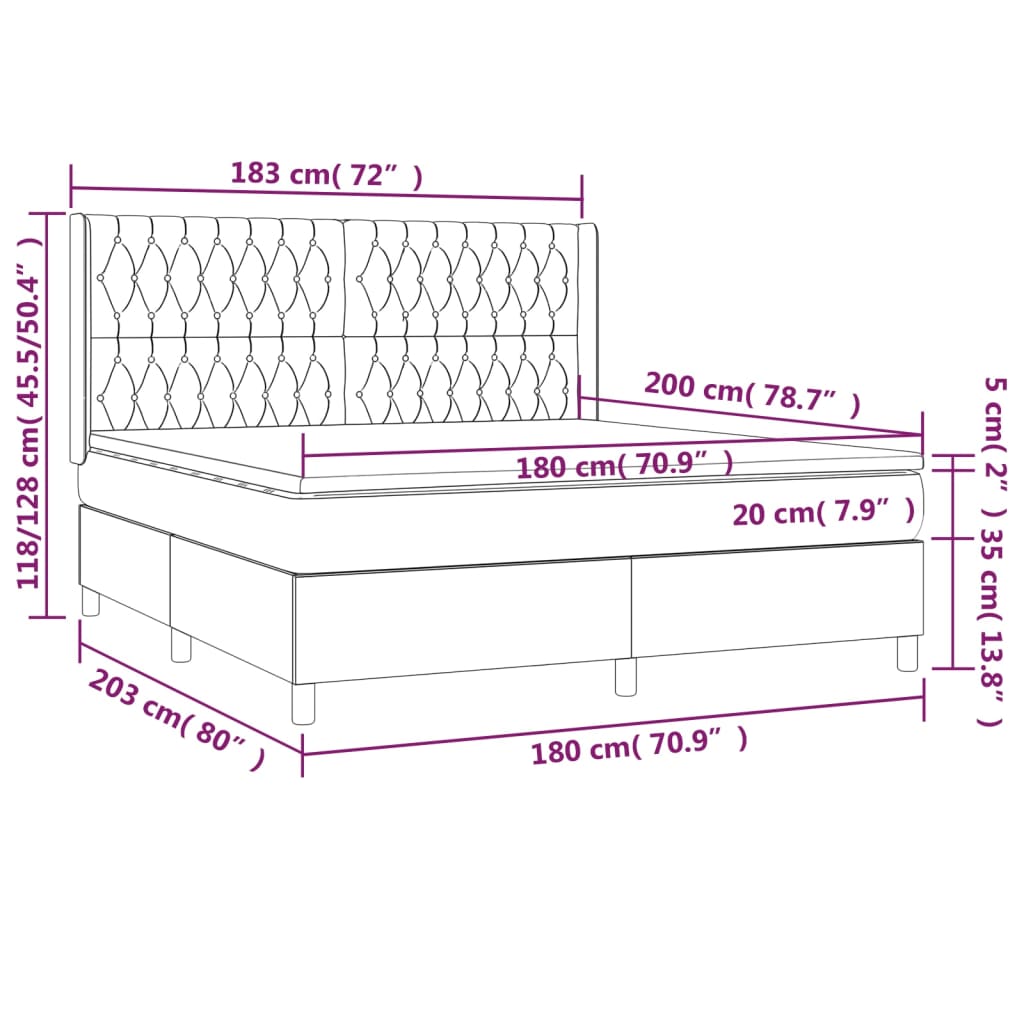 Krevet box spring s madracem LED crni 180x200 cm baršun