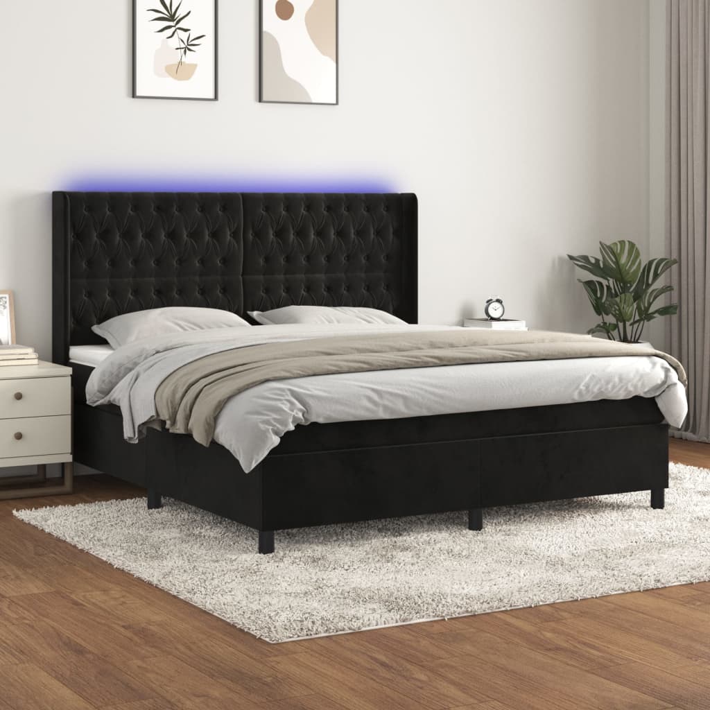 Krevet box spring s madracem LED crni 180x200 cm baršun