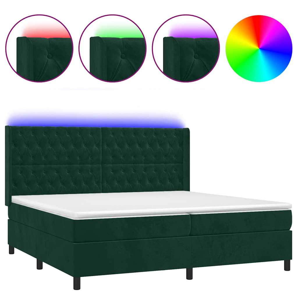 Krevet box spring s madracem LED tamnozeleni 200x200 cm baršun