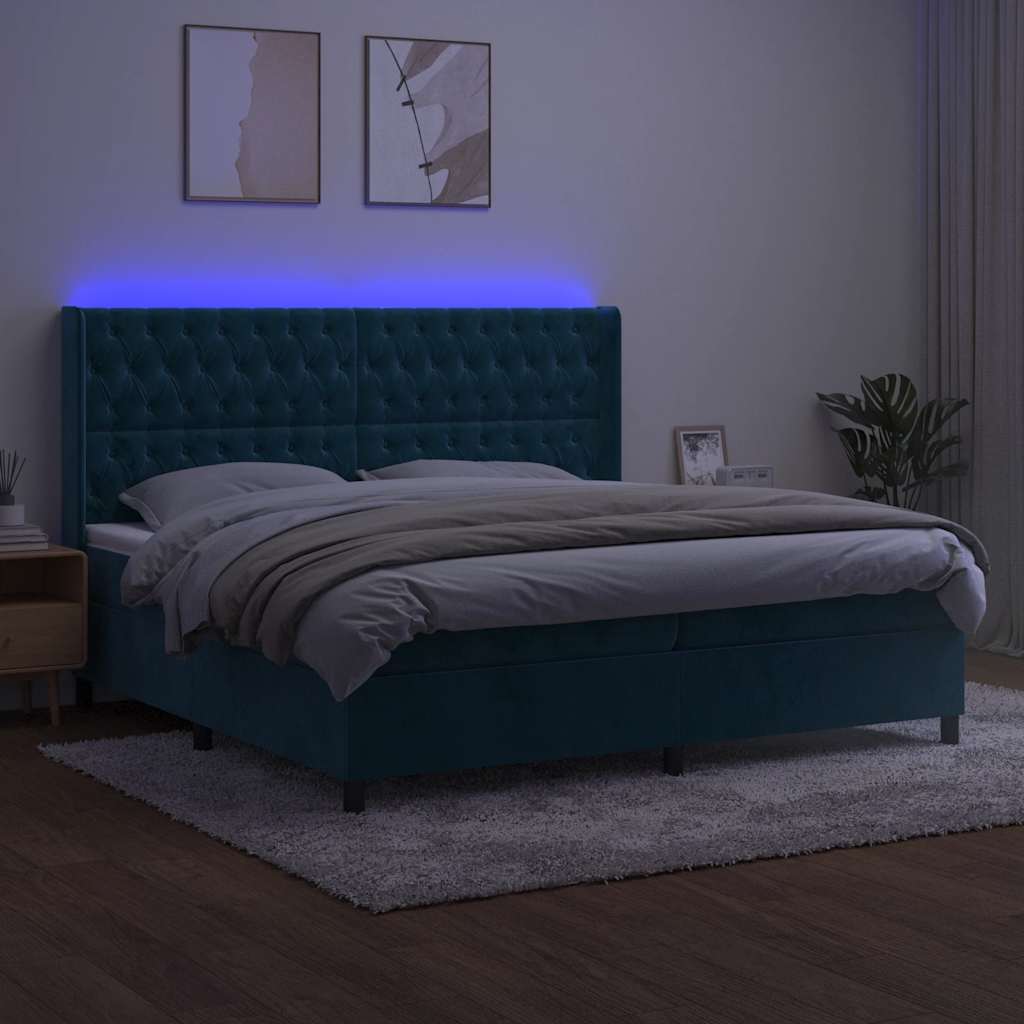 Krevet box spring s madracem LED tamnoplavi 200x200 cm baršun