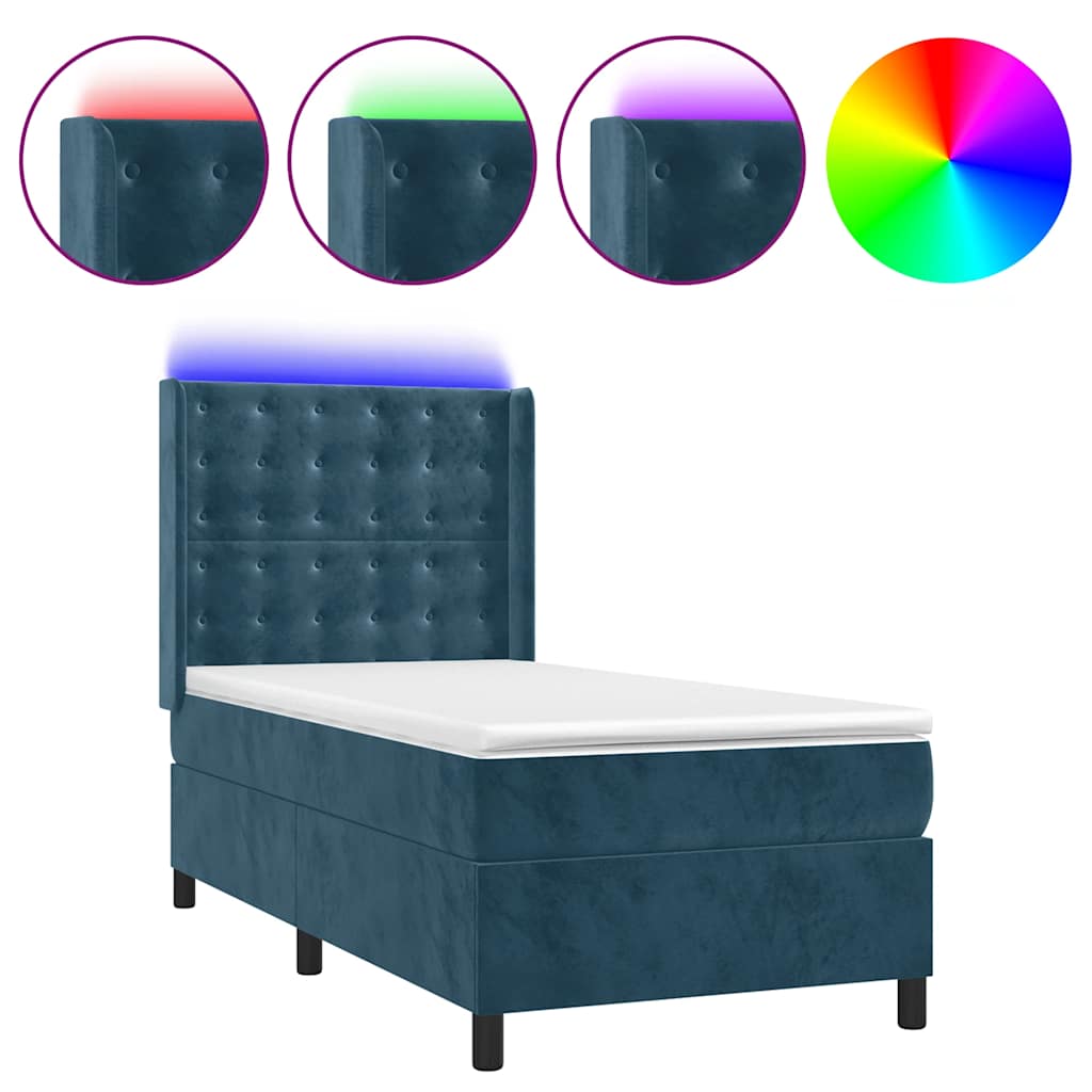 Krevet box spring s madracem LED tamnoplavi 80 x 200 cm baršun