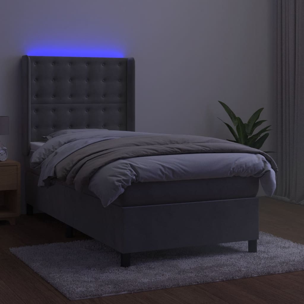 Krevet box spring s madracem LED svjetlosivi 90x190 cm baršun