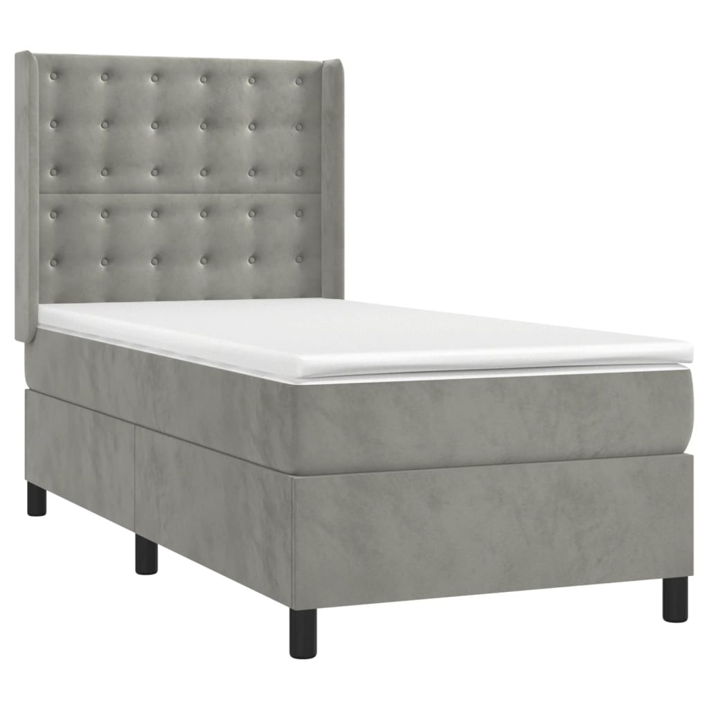 Krevet box spring s madracem LED svjetlosivi 90x190 cm baršun