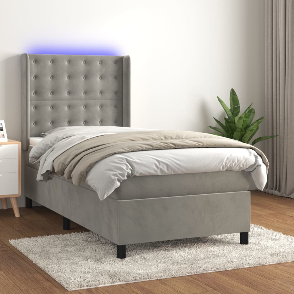 Krevet box spring s madracem LED svjetlosivi 90x190 cm baršun