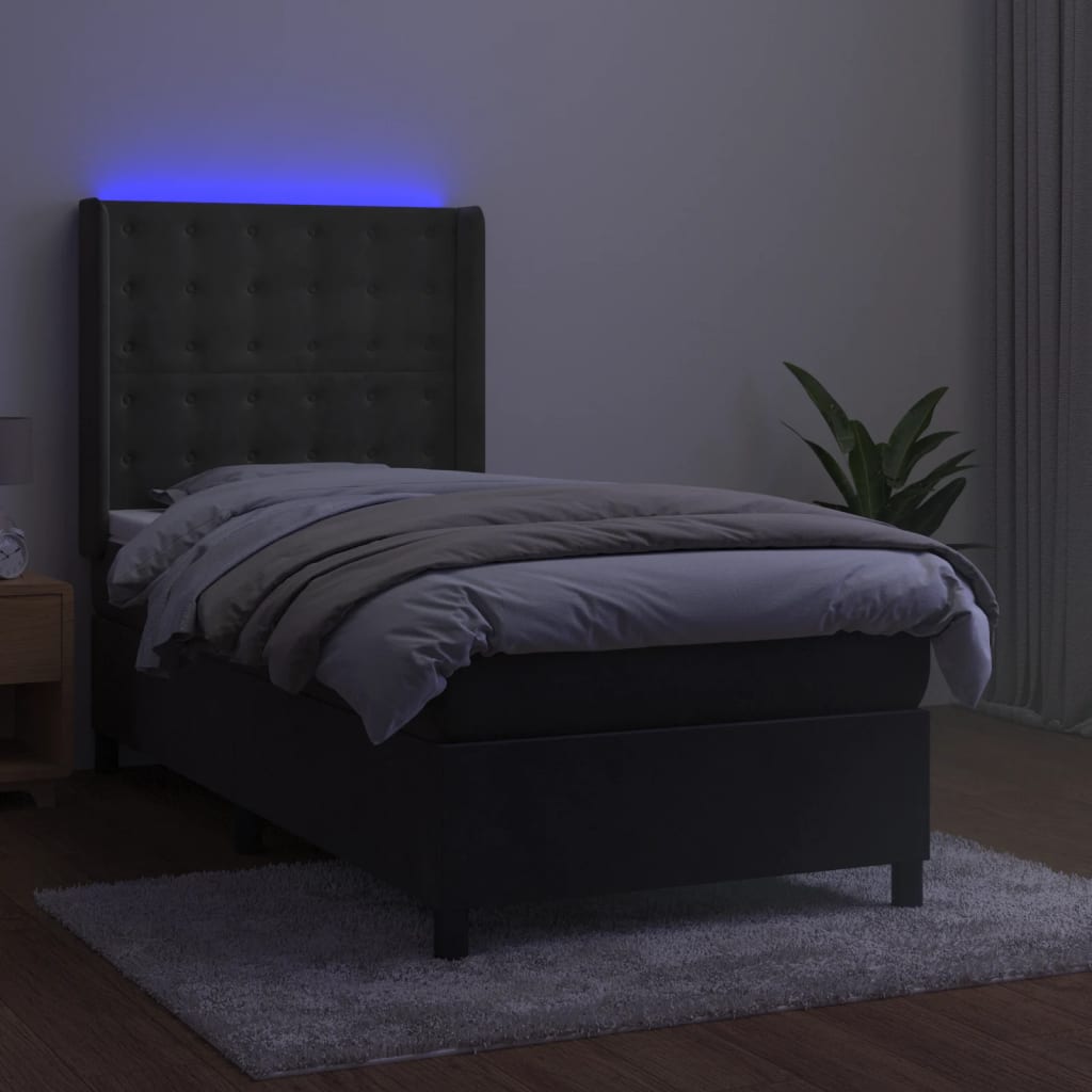 Krevet box spring s madracem LED tamnosivi 90x190 cm baršun