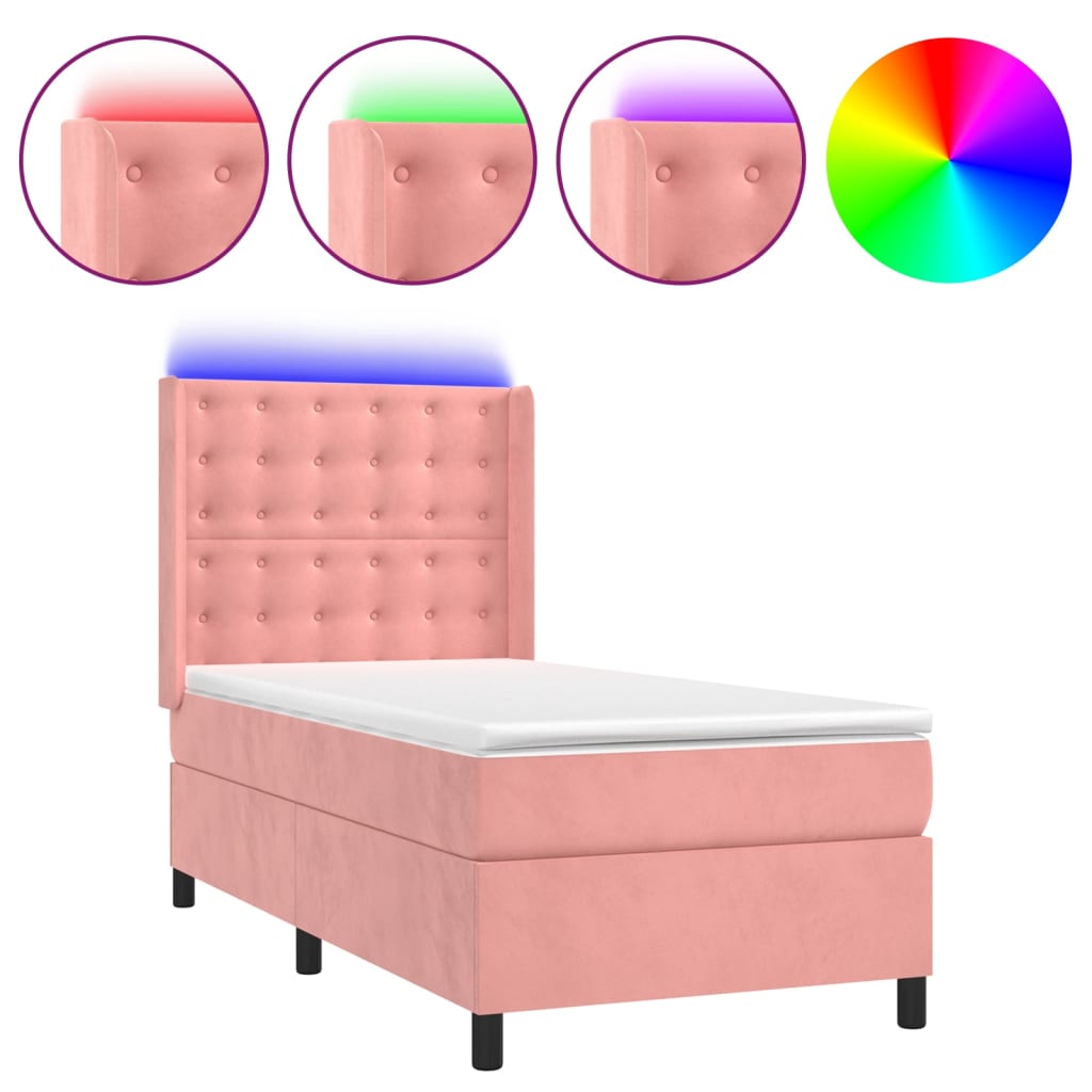 Krevet box spring s madracem LED ružičasti 90x190 cm baršunasti