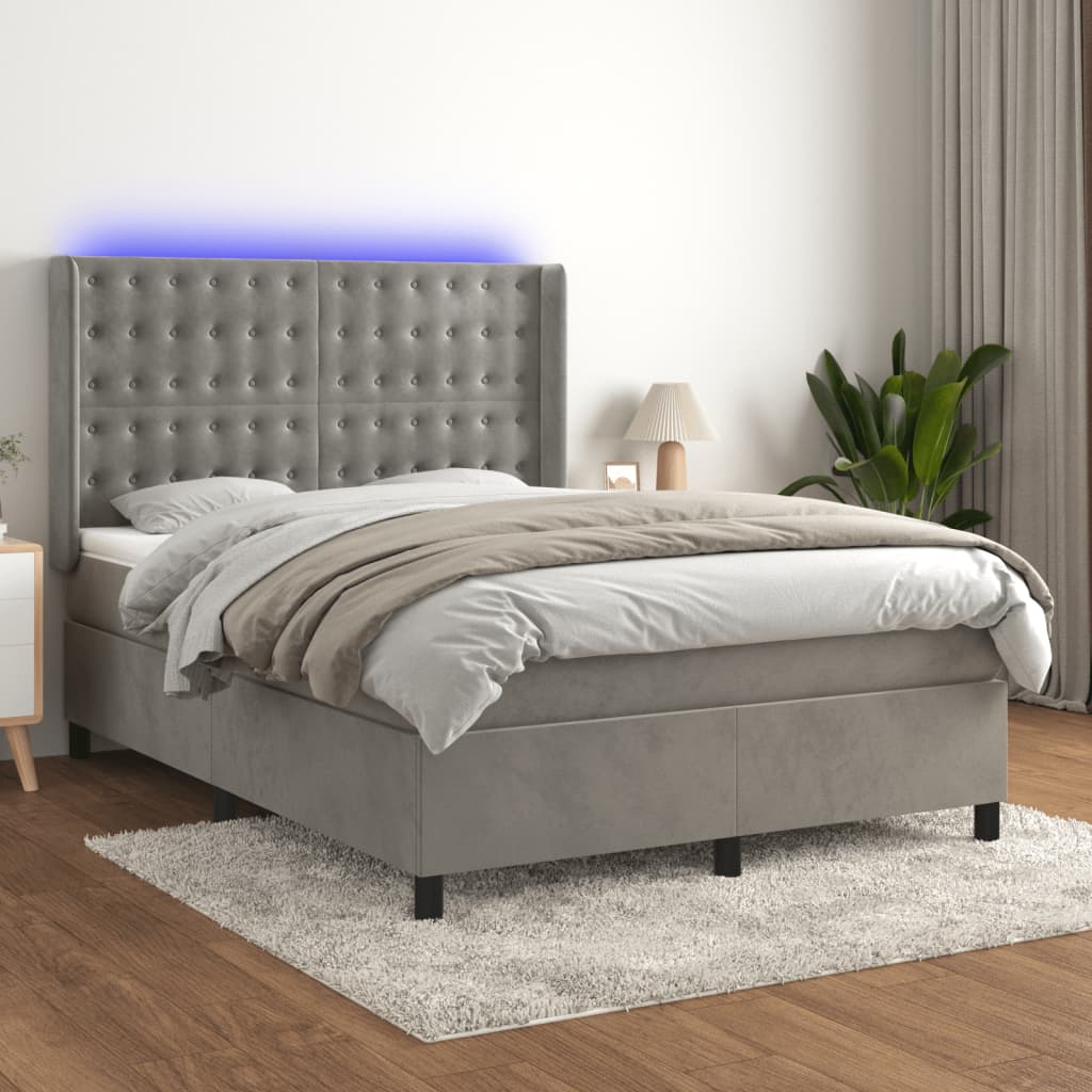 Krevet box spring s madracem LED svjetlosivi 140x190 cm baršun