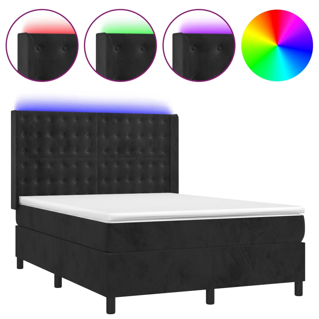 Krevet box spring s madracem LED crni 140x190 cm baršun