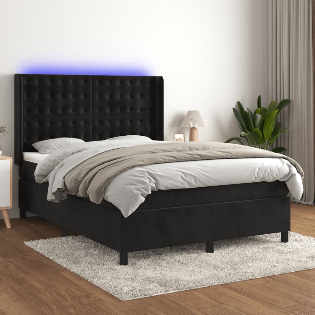 Krevet box spring s madracem LED crni 140x190 cm baršun