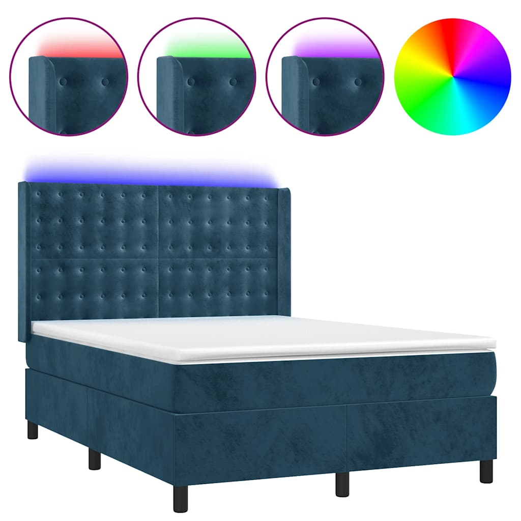 Krevet box spring s madracem LED tamnoplavi 140x190 cm baršun