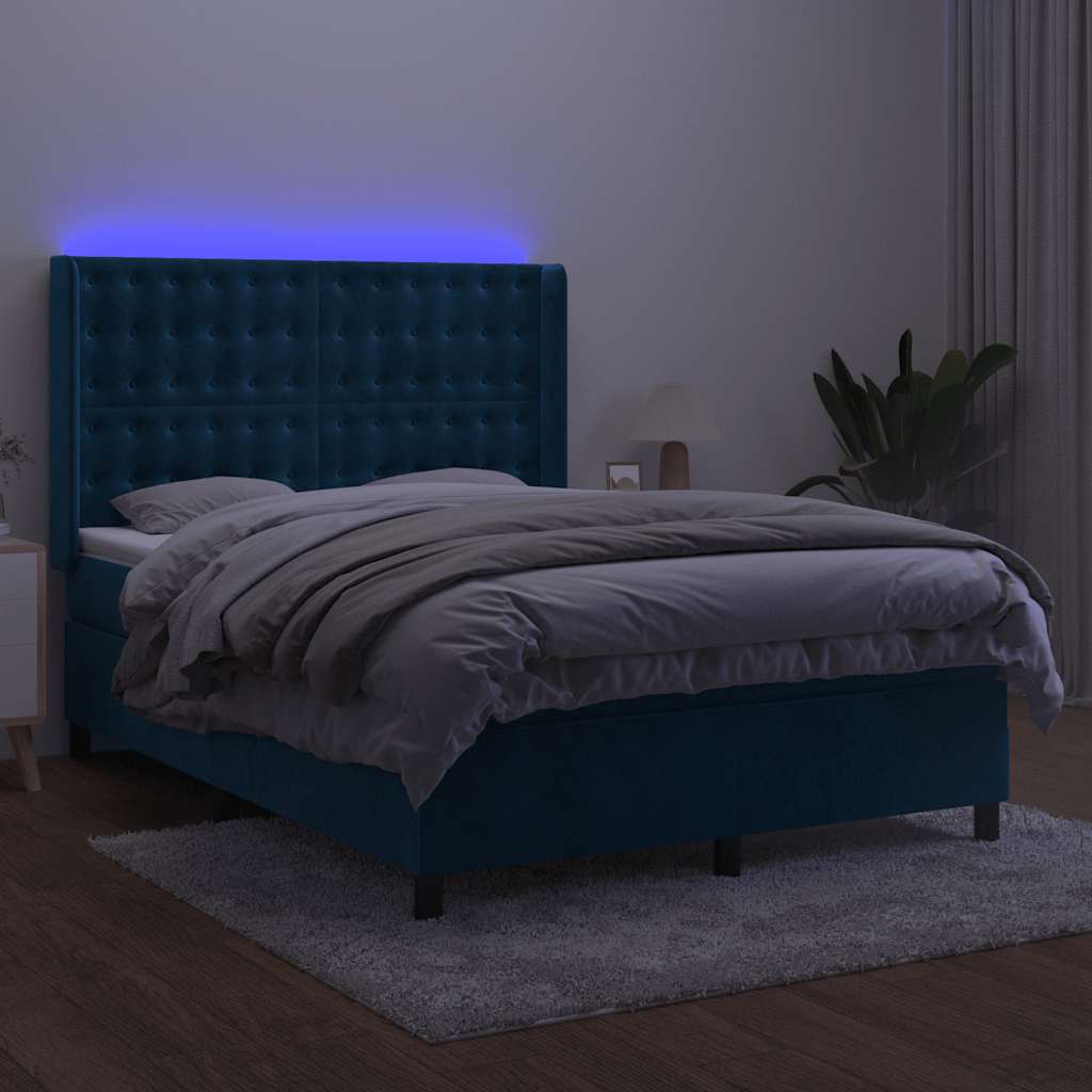 Krevet box spring s madracem LED tamnoplavi 140x190 cm baršun