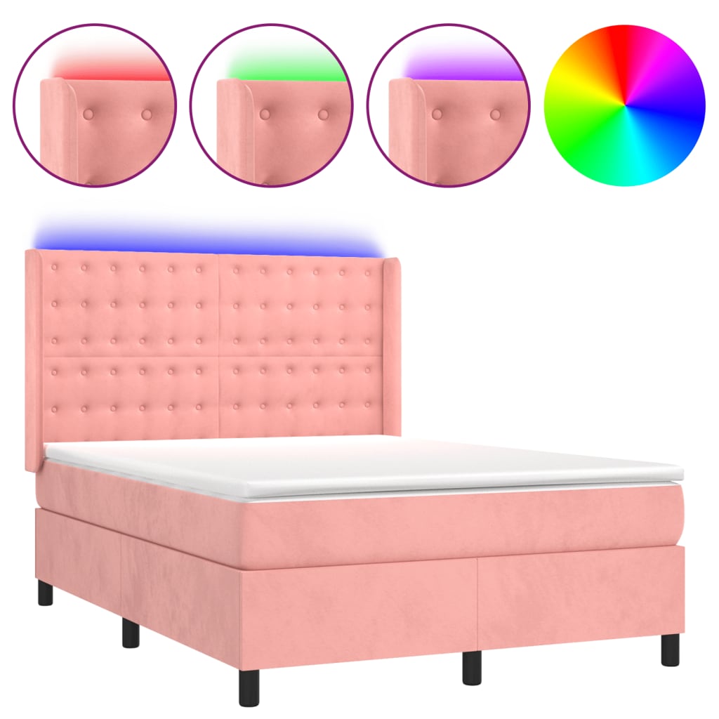 Krevet box spring s madracem LED ružičasti 140x190cm baršunasti