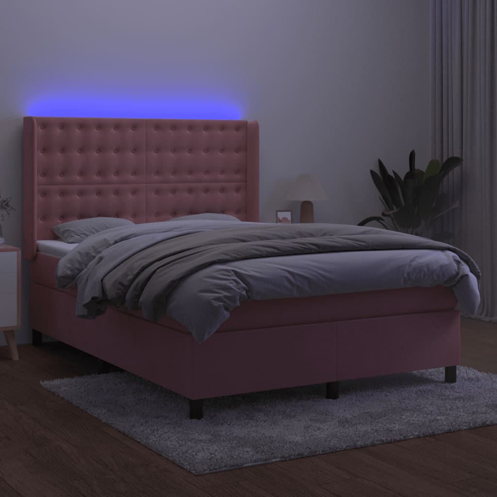 Krevet box spring s madracem LED ružičasti 140x190cm baršunasti
