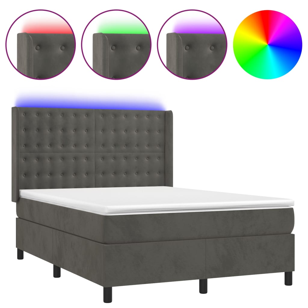 Krevet box spring s madracem LED tamnosivi 140x200 cm baršun