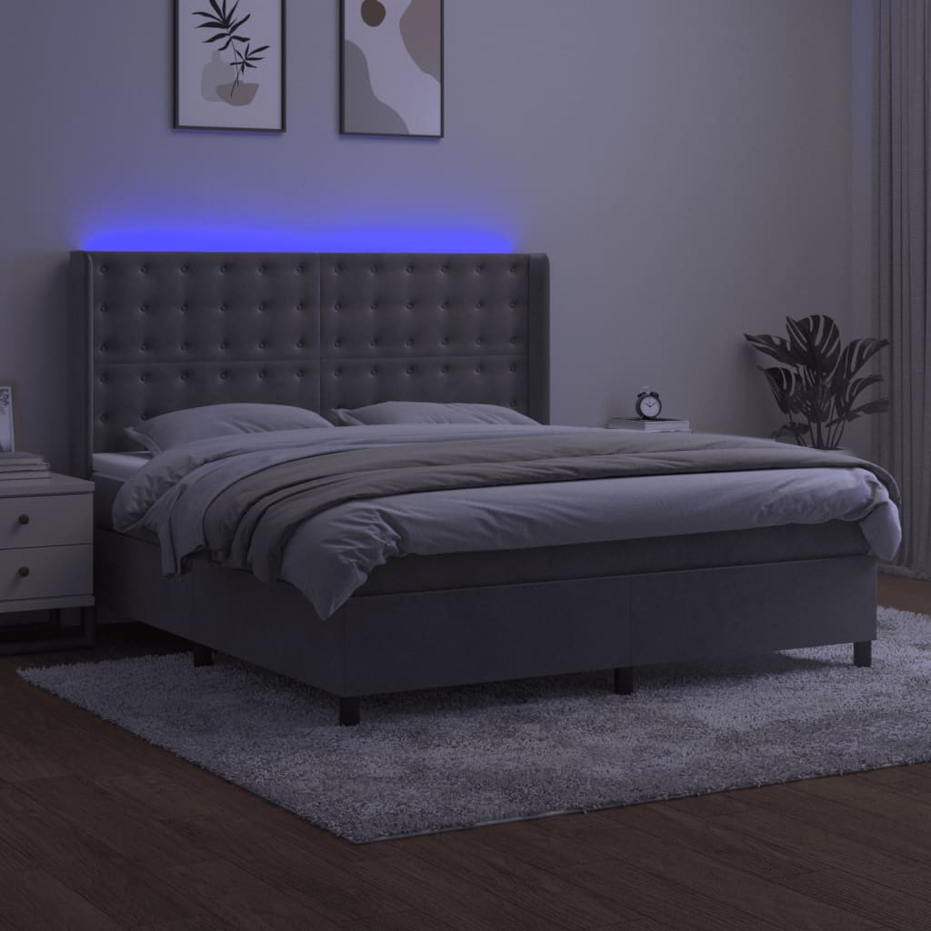 Krevet box spring s madracem LED svjetlosivi 160x200 cm baršun