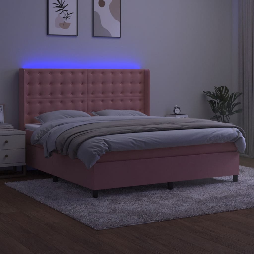 Krevet box spring s madracem LED ružičasti 160x200cm baršunasti