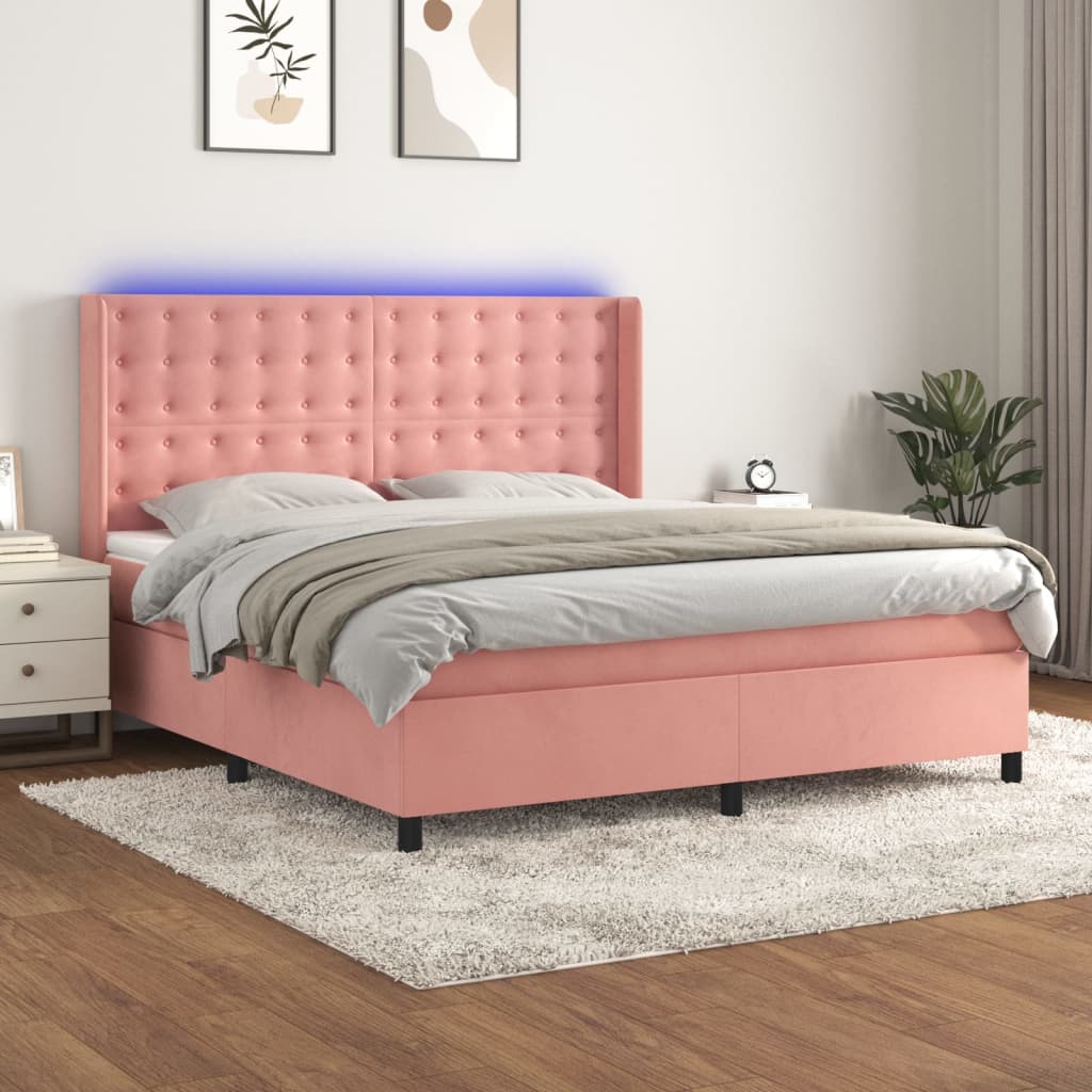 Krevet box spring s madracem LED ružičasti 160x200cm baršunasti