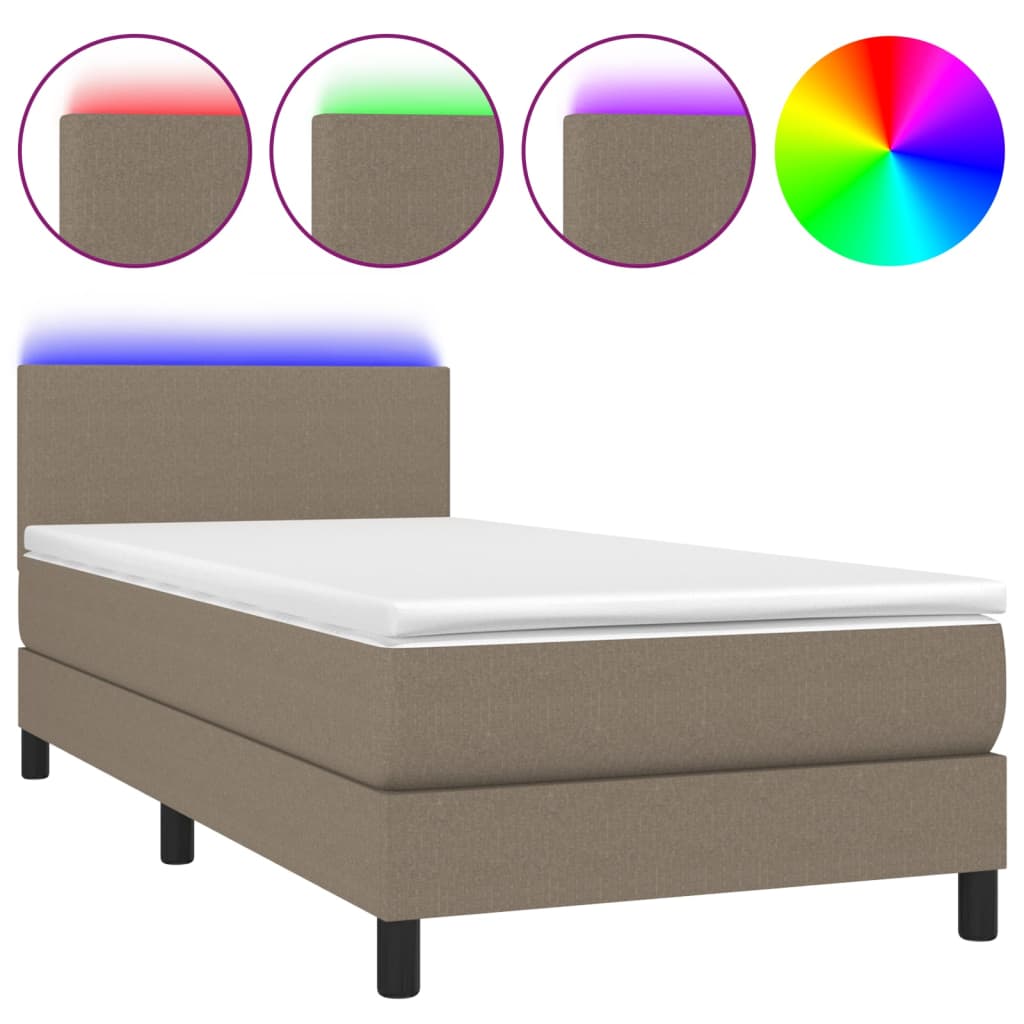 Krevet box spring s madracem LED smeđesivi 90x190 cm tkanina