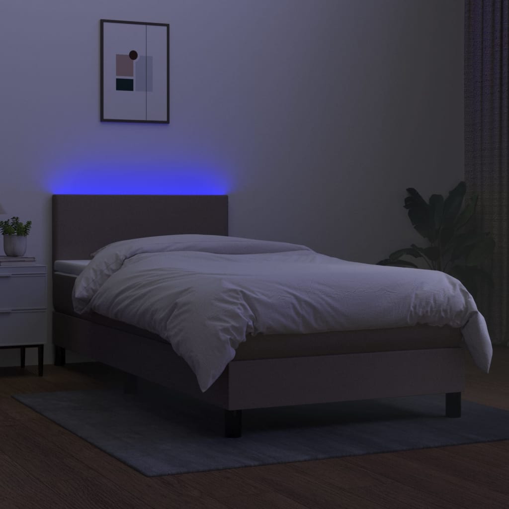 Krevet box spring s madracem LED smeđesivi 90x200 cm tkanina