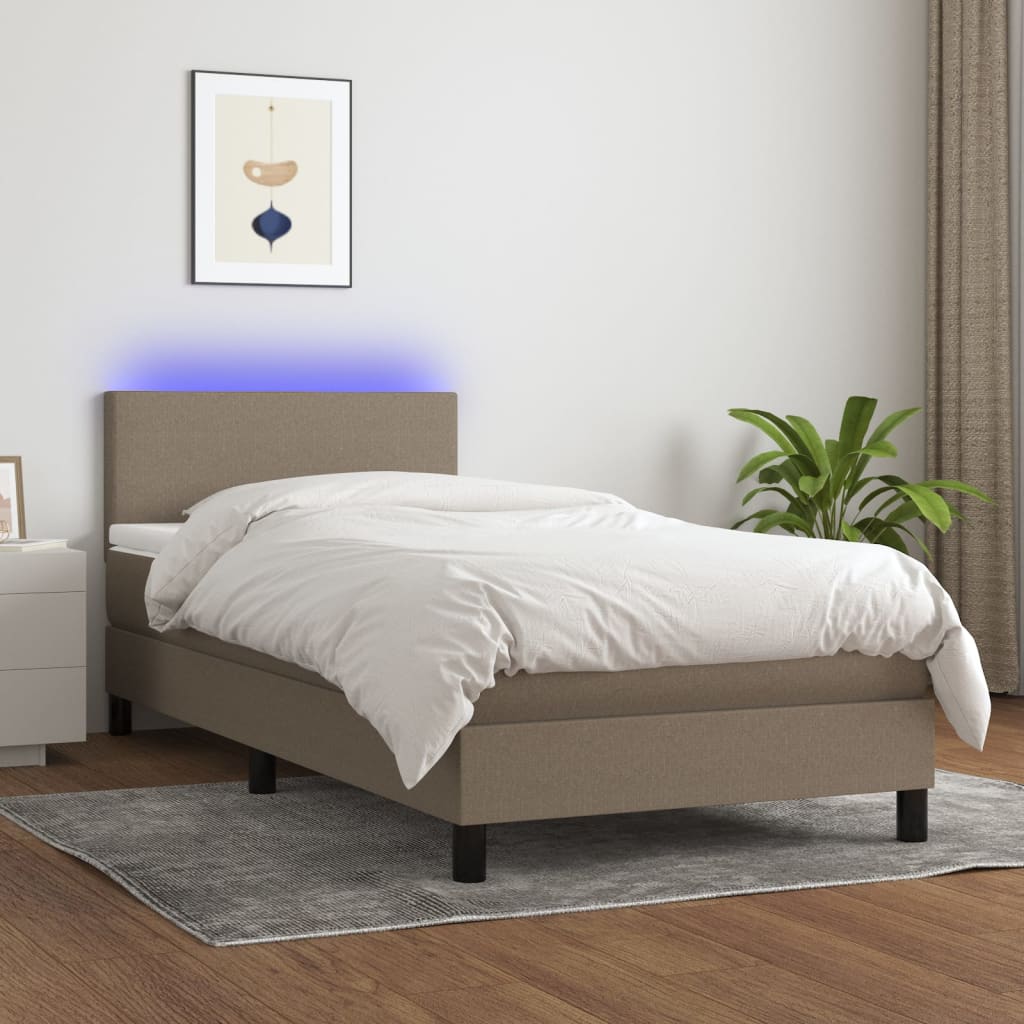 Krevet box spring s madracem LED smeđesivi 90x200 cm tkanina