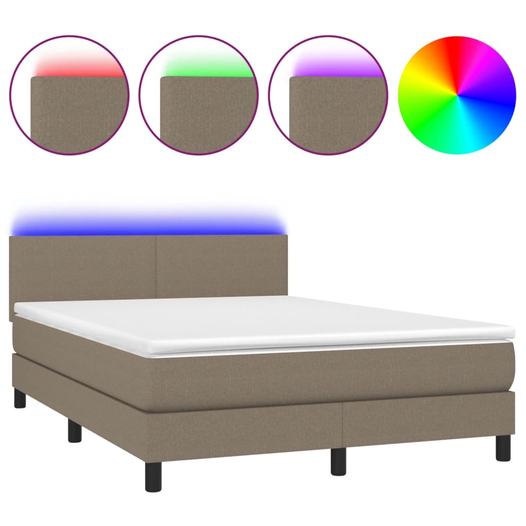 Krevet box spring s madracem LED smeđesivi 140x200 cm tkanina