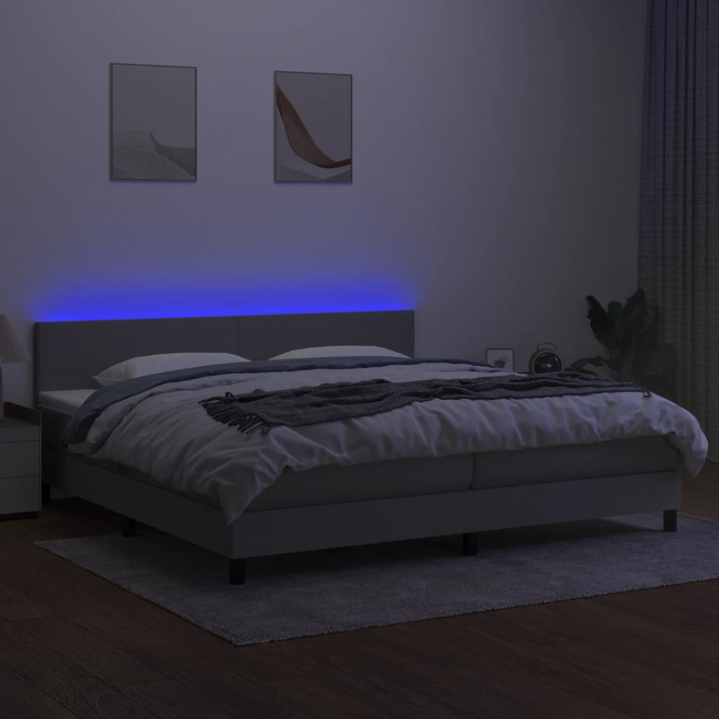 Krevet box spring s madracem LED svjetlosivi 200x200 cm tkanina